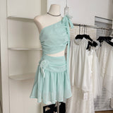 Cute A line One Shoulder Green Chiffon Short Summer Dress Holiday Party Birthday Outfits HZ1214