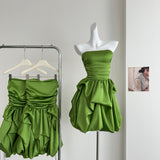Cute A line Strapless Green Satin Short Summer Dress Holiday Party Birthday Outfits HZ1214