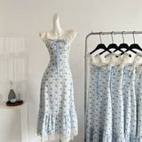 Sexy A line Straps Floral Blue Summer Dress Holiday Party Birthday Outfits For Women HZ1214