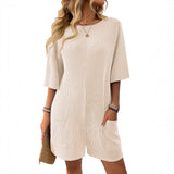 2025 New Lady Loose Pocket Back V-Neck Short-Sleeved Jumpsuit HZ0108