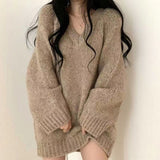 2025 Spring And Autumn Women's Korean Version Of Loose V-Neck Sweater Women's Long Lazy Knitted Sweater HZ0108