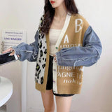Fashion Leopard Knitted Jacket Autumn 2025 New Splicing Denim Short V-Neck Sweater Women's Coat HZ0108