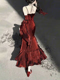 Niulatu French High Low Spaghetti Straps Christmas Dress Burgundy Birthday Dresses Birthday Outfits SD1130