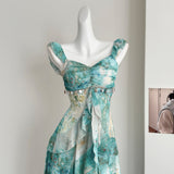 Sexy Mermaid Square Floral Green Summer Dress Holiday Party Birthday Outfits For Women HZ1214
