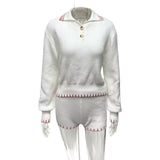 2025 New Women's Fashion Temperament Commuting Knitted Collar Long Sleeve Top Shorts Two-Set HZ0108