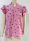 2025 Summer New V-Neck Multi-Layer Lotus Leaf Sleeve Sweet Print Lady Shirt HZ0108