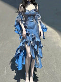 Vintage High Low Spaghetti Straps Blue 16th Birthday Dress Lolita Dress Satin Birthday Outfits HZ1214