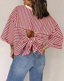 2026 New Lady Round Neck Striped Back With Bow Knitting Top HZ0108
