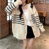 Hong Kong Flavor Retro-Colored Striped Knitted Cardigan Coat Women's Autumn And Winter Women's Loose Lazy Casual V-Neck Sweater HZ0108