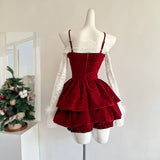 Cute Spaghetti Straps Red Ruffles Velvet Summer Dress 3 Pieces Holiday Party Outfits For Women HZ1214