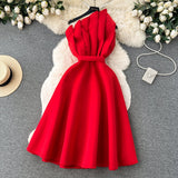 Niulatu A line One Shoulder Ruffles Holiday Dresses Midi Length Women's Dress SD1277