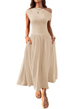 2025 Summer Slanted Shoulder Sexy Waist Solid Color Long With Pocket Dress HZ0108