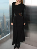 New Solid Color Temperament Fashion Fashion Button Metal Decorative Long-Sleeved Waist Mesh Dress In Autumn 2025 HZ0108
