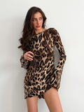 High-End Leopard-Print Dress Spring And Summer Female Design Reveals Backpack Hip Fashion Long-Sleeved Party Club Style Dress Girl HZ0108