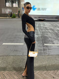 Autumn 2025 New Sexy Deep V Hollow Fake Two Leather Spliced Long-Sleeved Bag Hip Dress HZ0108