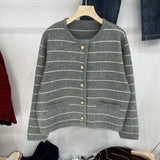 French Small Scent Striped Knitted Cardigan Women's Autumn And Winter Loose Soft Glutinous Outside Wearing Round Neck Retro Ocean Sweater Coat HZ0108