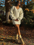 Autumn/Winter 2025 New Women's Fashion Sexy V-Neck Solid Color Classic Knitted Dress HZ0108