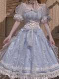 Sweet A line Blue Lace Tulle Short Sleeves 16th Birthday Dress Lolita Dresses Summer Birthday Outfits HZ1214