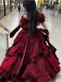 Retro Ball Gown Off The Shoulder Short Sleeves Burgundy Floral 16th Chiffon Birthday Dress Lolita Dress 18th Birthday Outfits HZ1214
