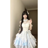 Vintage Ball Gown High Neck Light Sky Blue Chiffon Short Summer 18th Birthday Dress Lolita Dress Birthday Outfits HZ1214