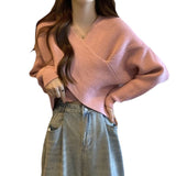 Irregular Cross V Collar Collar Sweater Women In Autumn And Winter With Loose Lazy Short Knitted Top Design Sense HZ0108