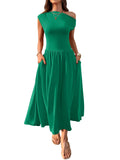 2025 Summer Slanted Shoulder Sexy Waist Solid Color Long With Pocket Dress HZ0108