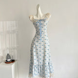 Sexy A line Straps Floral Blue Summer Dress Holiday Party Birthday Outfits For Women HZ1214