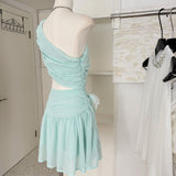 Cute A line One Shoulder Green Chiffon Short Summer Dress Holiday Party Birthday Outfits HZ1214