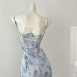 Sexy Mermaid Spaghetti Straps Blue Floral Midi Summer Dress Holiday Party Birthday Outfits For Womens HZ1214