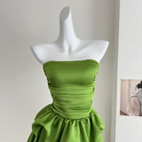Cute A line Strapless Green Satin Short Summer Dress Holiday Party Birthday Outfits HZ1214