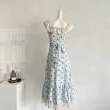 Sexy A line Straps Floral Blue Summer Dress Holiday Party Birthday Outfits For Women HZ1214