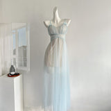 Sexy A Line Spaghetti Straps Blue Tulle Summer Dress Holiday Party Birthday Outfits For Teens HZ1214