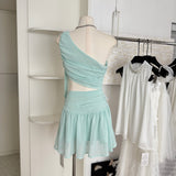 Cute A line One Shoulder Green Chiffon Short Summer Dress Holiday Party Birthday Outfits HZ1214