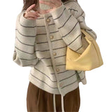 French Small Scent Striped Knitted Cardigan Women's Autumn And Winter Loose Soft Glutinous Outside Wearing Round Neck Retro Ocean Sweater Coat HZ0108
