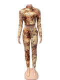 Autumn 2025 New Women's Sexy Umbilly Long-Sleeved Blouse Fashion Print Trousers Two-Set HZ0108
