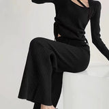 Lazy Pit Strip White Knitted Broad Leg Pants Women Autumn And Winter High Waist Hanging Straight Barrel Loose Leisure Drag Trousers Thickened HZ0108