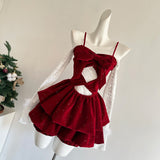 Cute Spaghetti Straps Red Ruffles Velvet Summer Dress 3 Pieces Holiday Party Outfits For Women HZ1214
