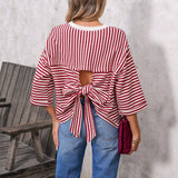 2026 New Lady Round Neck Striped Back With Bow Knitting Top HZ0108