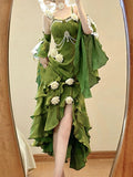 Vintage High Low Spaghetti Straps Green 16th Birthday Dress With Sleeves Lolita Dress Satin Birthday Outfits HZ1214
