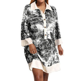 2025 Women's Spring And Winter New Fashion Casual Ink Print Collar Half-Sleeved A-Shaped Dress Women HZ0108