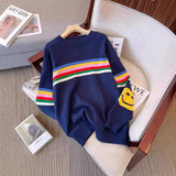 Colored Striped Smiley Face Long-Sleeved Sweater Women's Autumn And Winter New Lazy Style Retro Loose Collar Knitting Top HZ0108