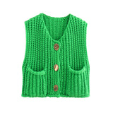 Metal Buckle Red Vest Spring And Autumn Women's Pocket Sleeveless Short Knitted Cardigan Sweater HZ0108