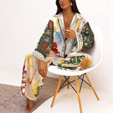 Spring Women's Dress 2025 Temperament New Casual Print V-Neck Shirt Broad Leg Pants Women's Suit HZ0108