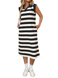 2025 Summer Striped Pocket New Collar Sleeveless Long Dress HZ0108