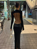 Autumn 2025 New Sexy Deep V Hollow Fake Two Leather Spliced Long-Sleeved Bag Hip Dress HZ0108