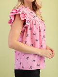 2025 Summer New V-Neck Multi-Layer Lotus Leaf Sleeve Sweet Print Lady Shirt HZ0108