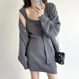 Korean Chic Autumn/Winter Miniaum Vintage Lazy Sweater Coat + Knitted Suspension Dress Two-Sleeve Woman HZ0108