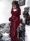 Vintage Mermaid Sweetheart Long Sleeves Burgundy Black Lace Summer 18th Birthday Dress Lolita Dress Birthday Outfits HZ1214