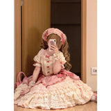 Sweet Ball Gown Square Neck Short Sleeves Gothic Pink Lace 16th Birthday Dress Lolita Dress Birthday Outfits HZ1214