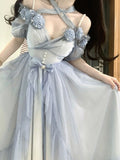 Sweet A line Sweetheart Blue Chiffon Floral Long 16th Birthday Dress Lolita Dress Birthday Outfits HZ1214